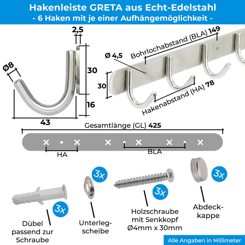 Garderobenleiste Wandhaken aus Edelstahl 1/4/6/8/10 Haken GRETA