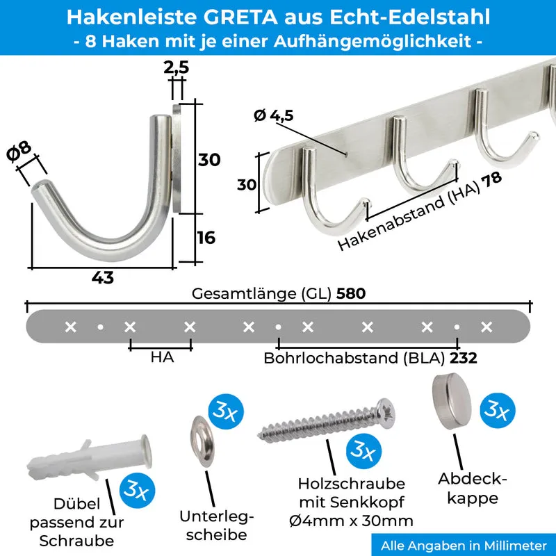 Garderobenleiste Wandhaken aus Edelstahl 1/4/6/8/10 Haken GRETA
