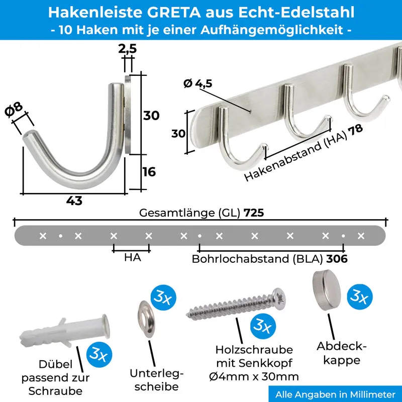Garderobenleiste Wandhaken aus Edelstahl 1/4/6/8/10 Haken GRETA