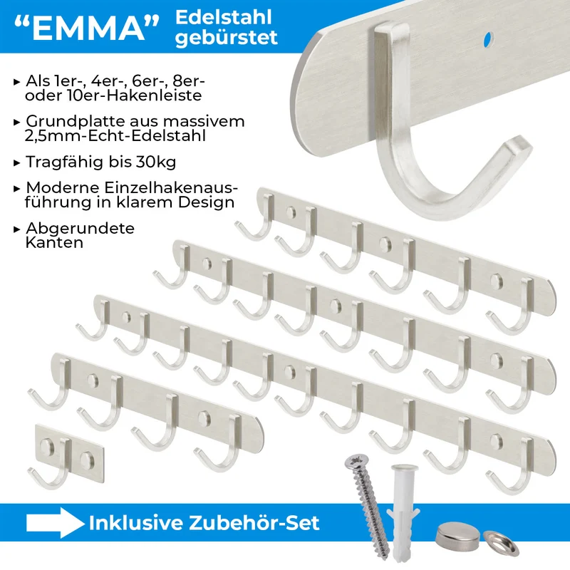 Garderobenleiste Wandhaken Edelstahl gebürstet 1/4/6/8/10 Haken EMMA