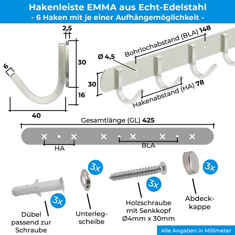 Garderobenleiste Wandhaken Edelstahl gebürstet 1/4/6/8/10 Haken EMMA