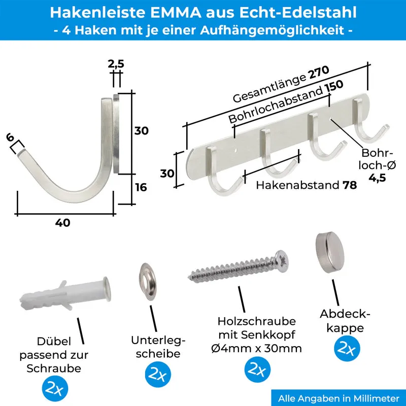 Garderobenleiste Wandhaken Edelstahl gebürstet 1/4/6/8/10 Haken EMMA