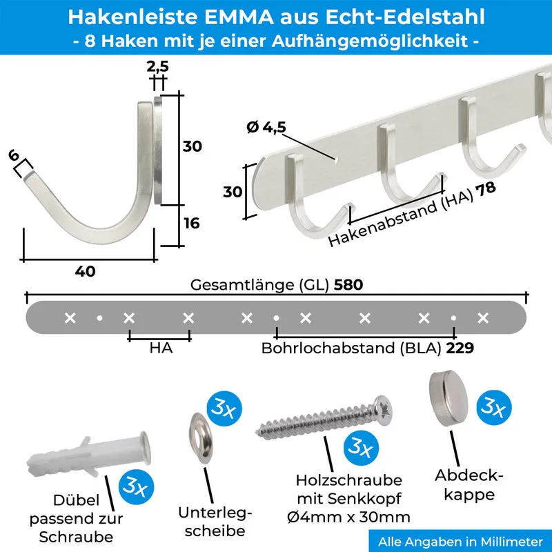 Garderobenleiste Wandhaken Edelstahl gebürstet 1/4/6/8/10 Haken EMMA