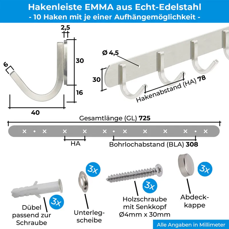 Garderobenleiste Wandhaken Edelstahl gebürstet 1/4/6/8/10 Haken EMMA