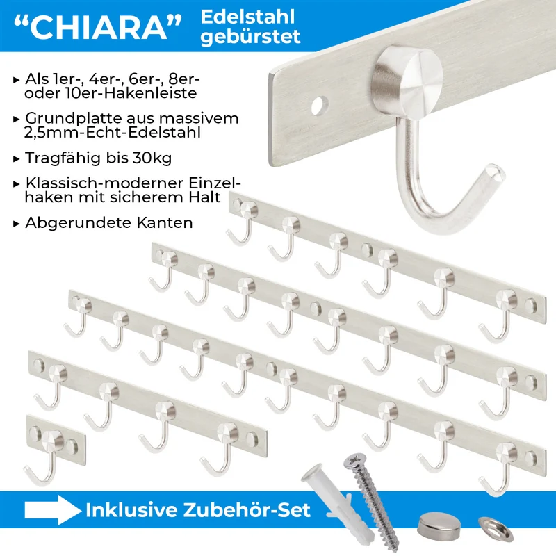 Garderobenleiste Wandhaken aus Edelstahl 1/4/6/8/10 Haken CHIARA