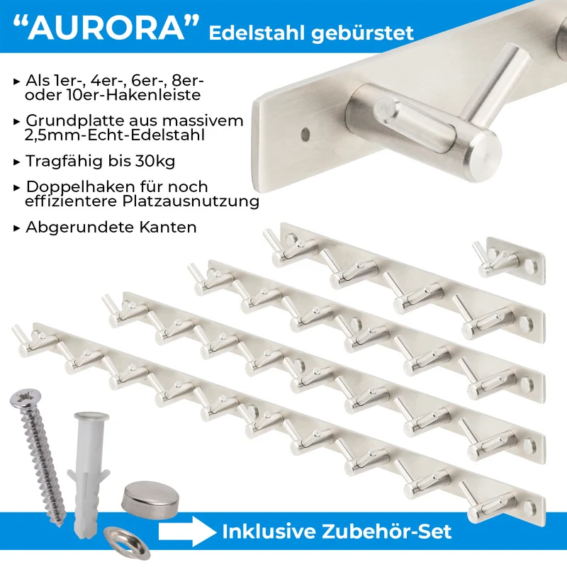 Garderobenleiste Wandhaken Edelstahl 1/4/6/8/10 Haken AURORA