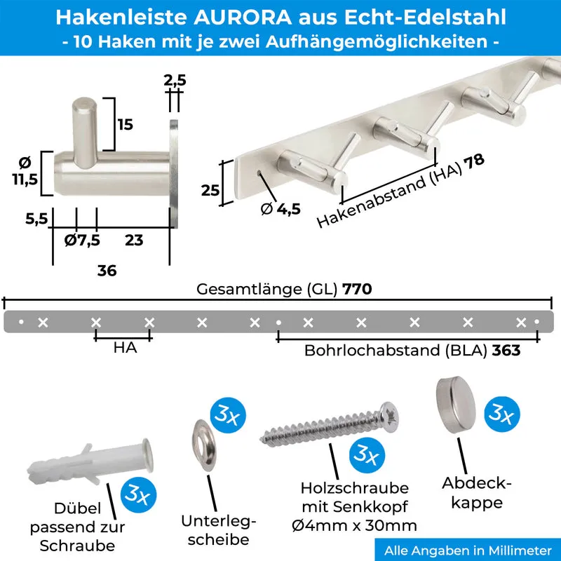 Garderobenleiste Wandhaken Edelstahl 1/4/6/8/10 Haken AURORA