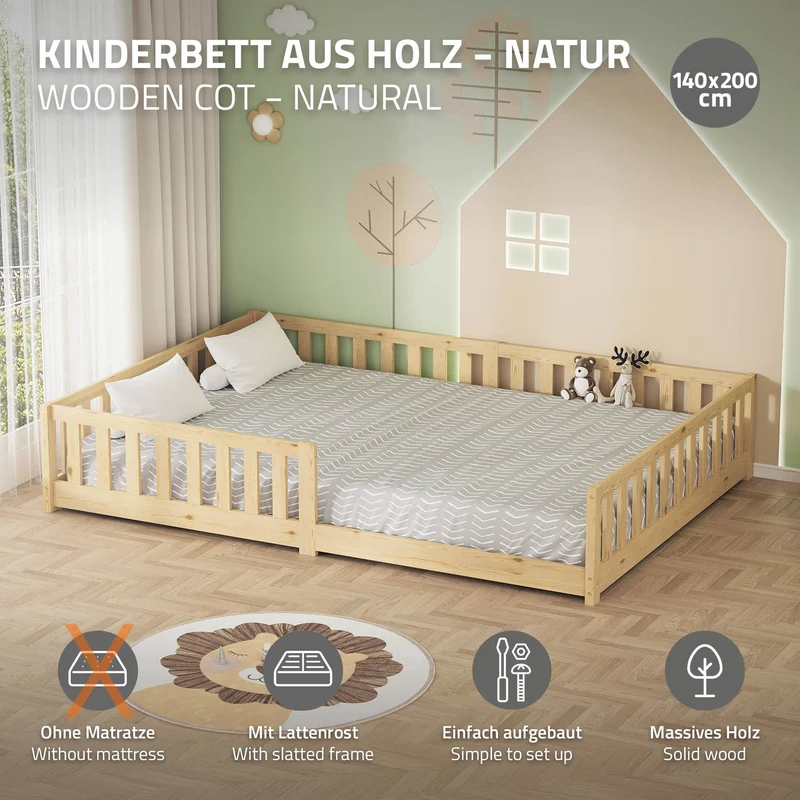 Kinderbett 140x200 cm mit Lattenrost und Rausfallschutz Natur Kiefernholz ML-Design