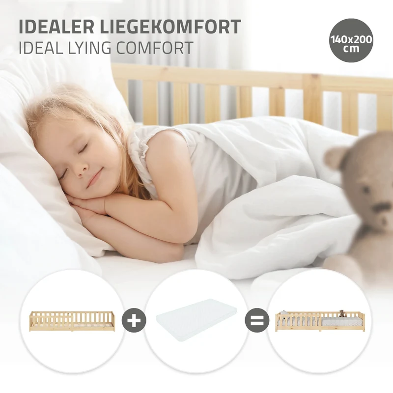 Kinderbett 140x200 cm mit Lattenrost und Rausfallschutz Natur Kiefernholz ML-Design