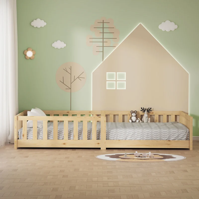 Kinderbett 140x200 cm mit Lattenrost und Rausfallschutz Natur Kiefernholz ML-Design