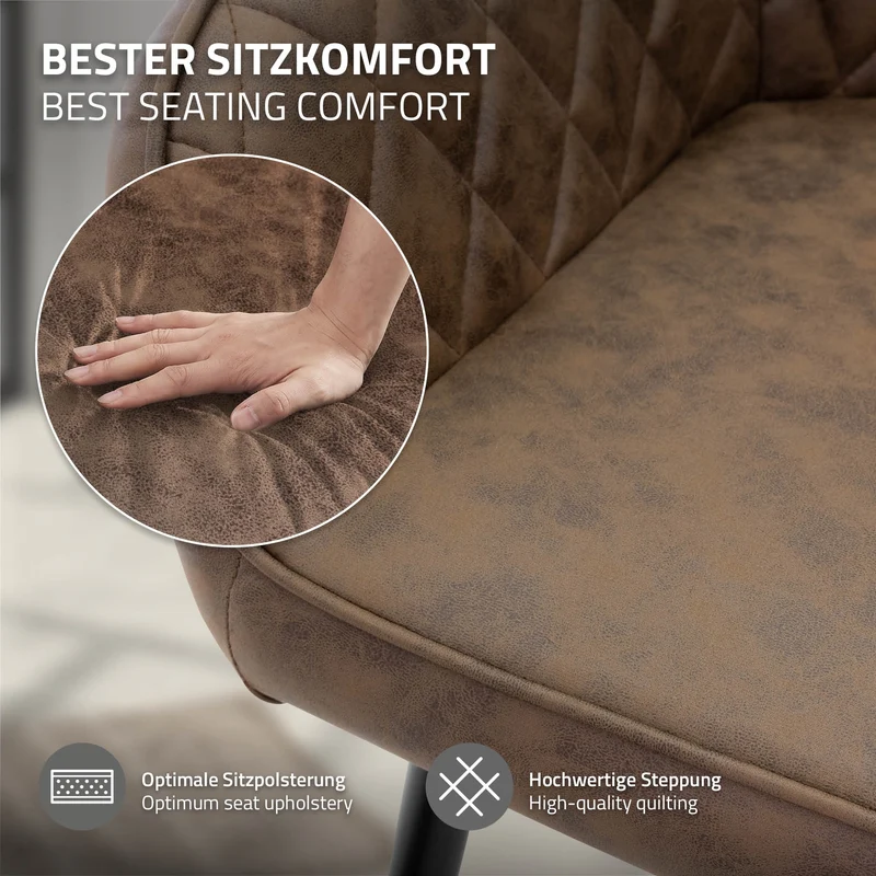 6er Set Esszimmerstuhl Rauten Steppung Braun Kunstlederbezug mit Metallbeinen & Armlehne inkl. Montagematerial ML-Design