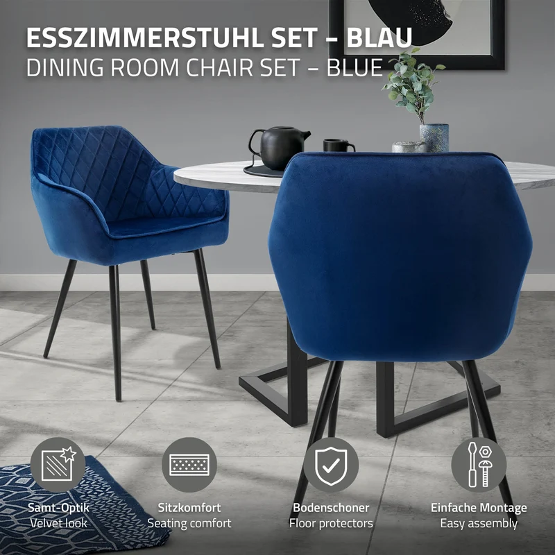 Esszimmerstuhl 4er Set Rauten Steppung mit Rücken- und Armlehnen Dunkelblau Küchenstuhl mit Microfaser-Samtbezug ML-Design