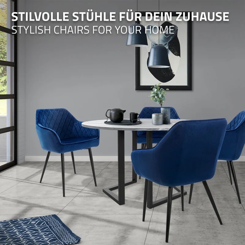 Esszimmerstuhl 4er Set Rauten Steppung mit Rücken- und Armlehnen Dunkelblau Küchenstuhl mit Microfaser-Samtbezug ML-Design