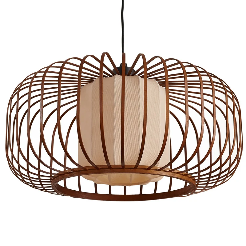B-Ware Lindby Pendelleuchte Davella 50 cm Bambus Textil dimmbar Holzfarbe
