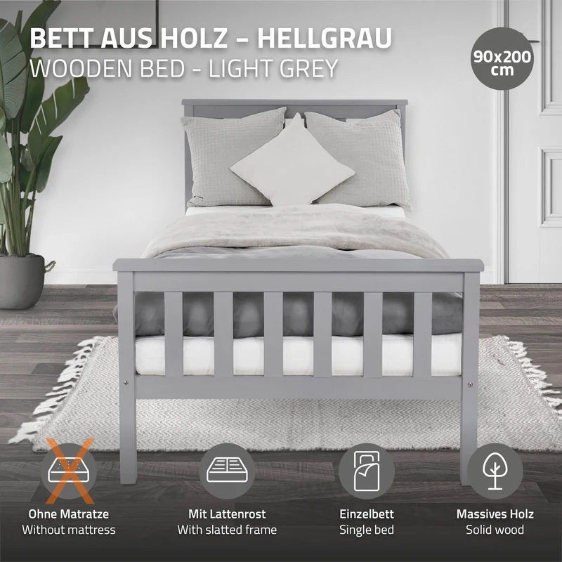 Bettgestell Einzelbett 90x200cm aus Kiefernholz in Hellgrau mit Lattenrost ML-Design
