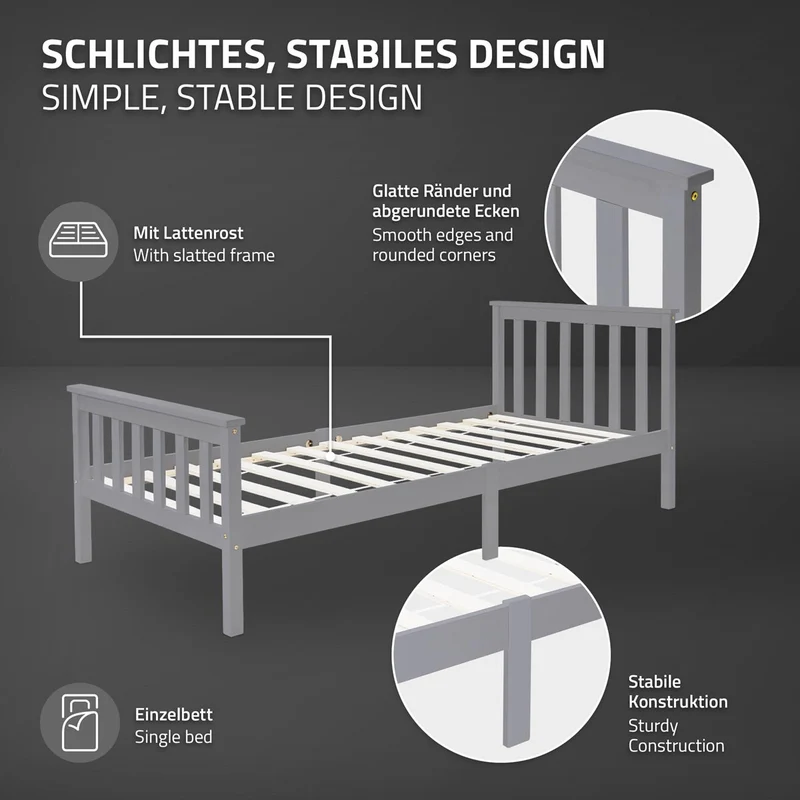 Bettgestell Einzelbett 90x200cm aus Kiefernholz in Hellgrau mit Lattenrost ML-Design