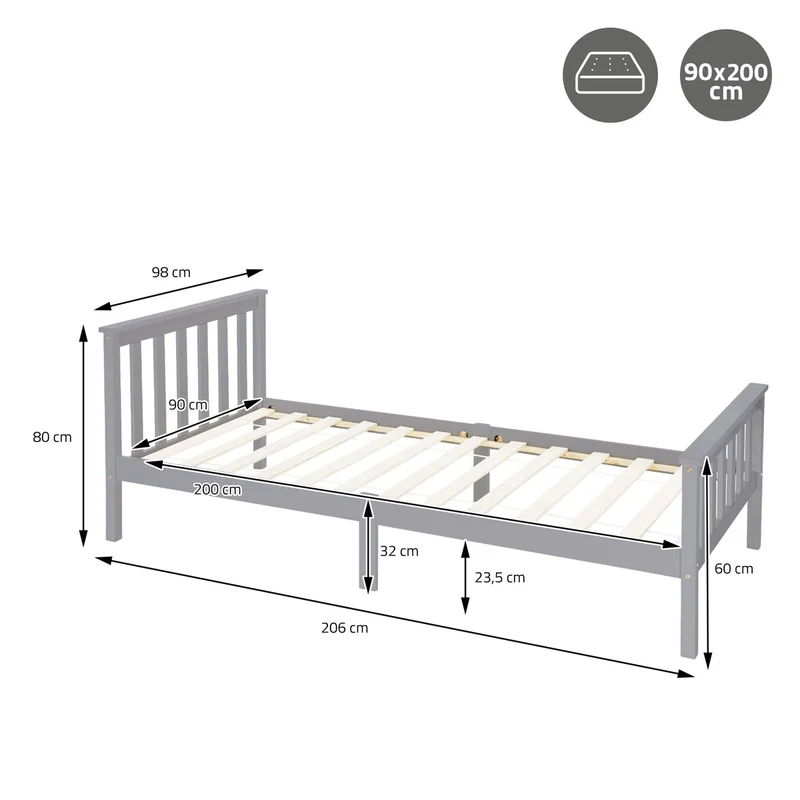 Bettgestell Einzelbett 90x200cm aus Kiefernholz in Hellgrau mit Lattenrost ML-Design