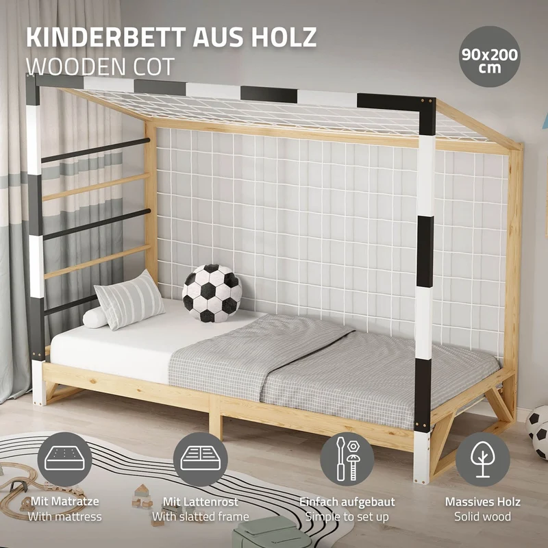 ML-Design | Kinderbett Fußballtor mit Matratze H:10cm, 90x200 cm aus massivem Kiefernholz Holzbett mit Lattenrost & Tornetz Handballtor