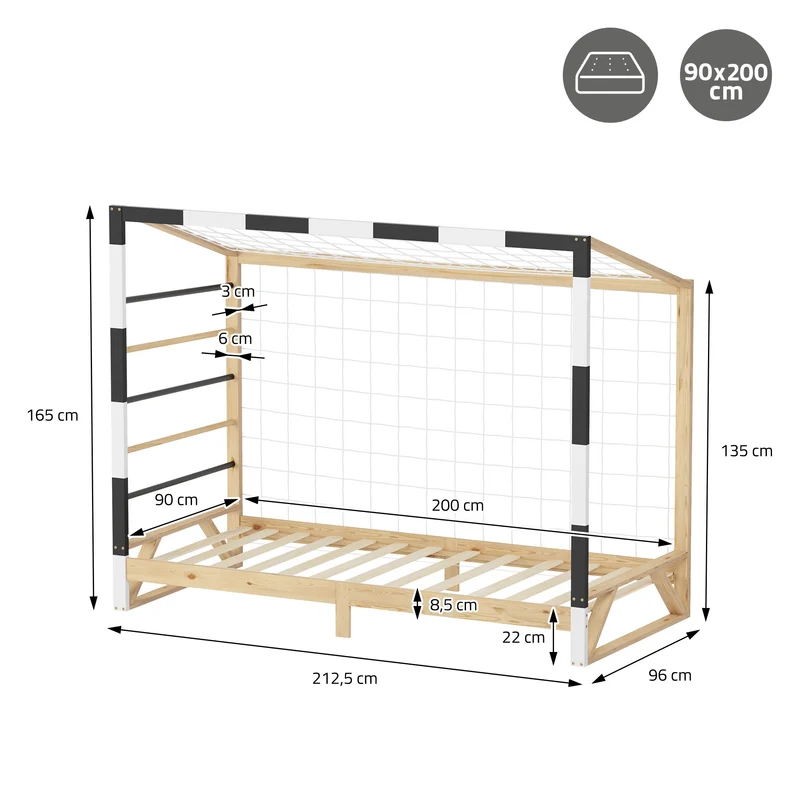 ML-Design | Kinderbett Fußballtor mit Matratze H:10cm, 90x200 cm aus massivem Kiefernholz Holzbett mit Lattenrost & Tornetz Handballtor