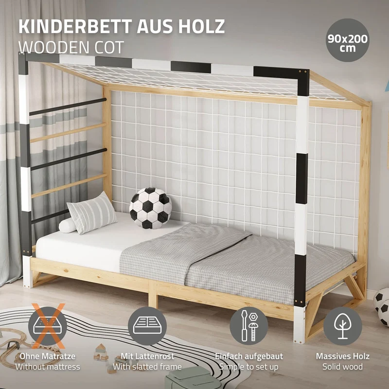 ML-Design | Kinderbett Fußballtor 90x200 cm aus massivem Kiefernholz Holzbett mit Lattenrost & Tornetz Handballtor