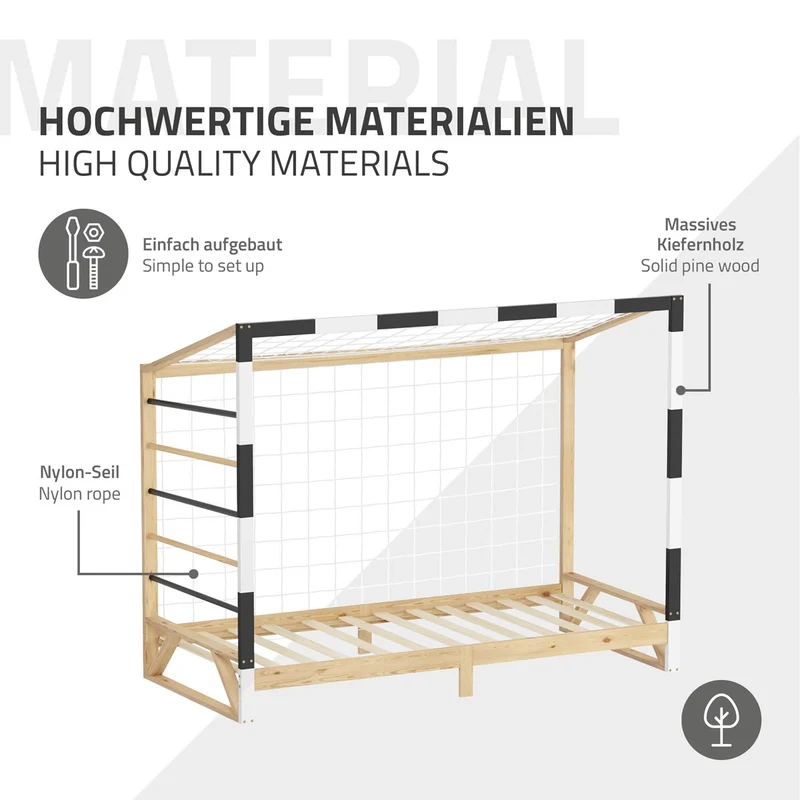 ML-Design | Kinderbett Fußballtor 90x200 cm aus massivem Kiefernholz Holzbett mit Lattenrost & Tornetz Handballtor