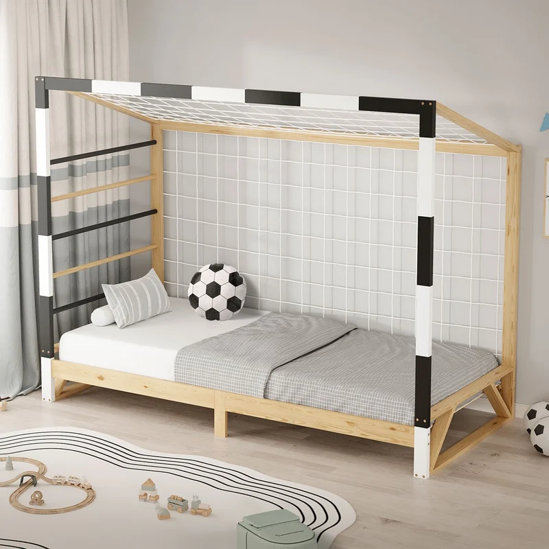 ML-Design | Kinderbett Fußballtor 90x200 cm aus massivem Kiefernholz Holzbett mit Lattenrost & Tornetz Handballtor