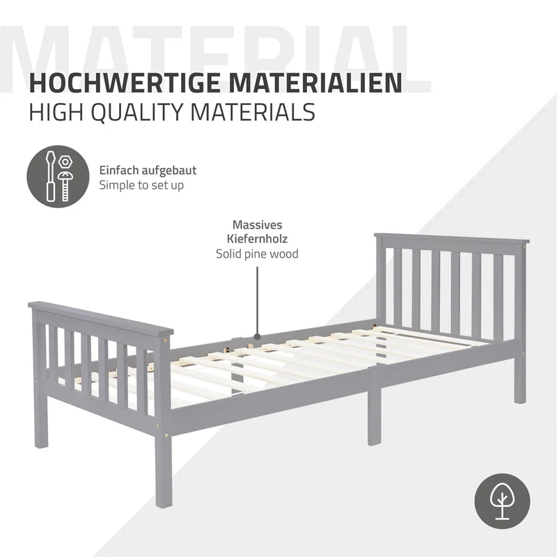 Bettgestell Einzelbett 90x200cm aus Kiefernholz in Hellgrau mit Lattenrost & Matratze H-10cm ML-Design