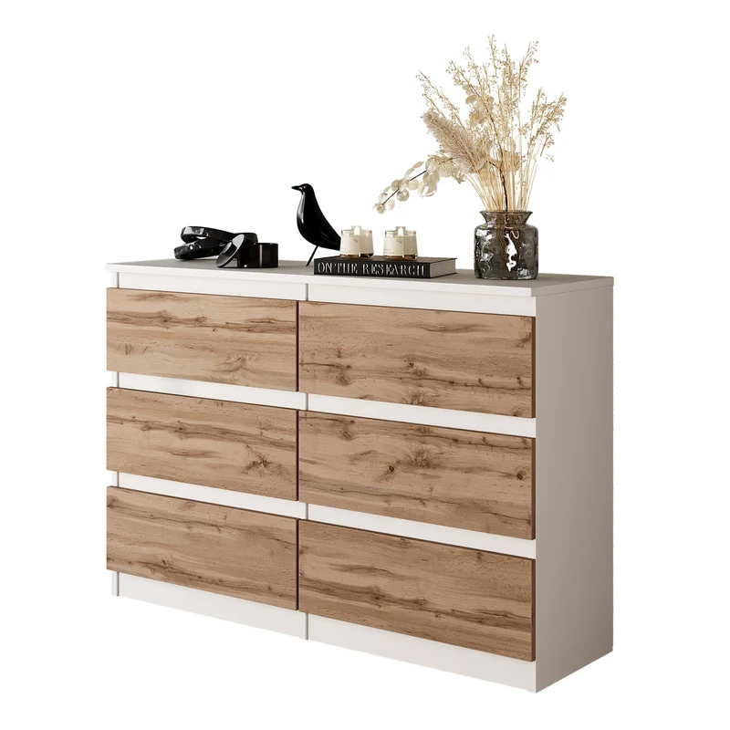 GABRIEL - Kommode / Sideboard mit 6 Schubladen - Weiß Matt / Wotan Eiche H71cm B100cm T33cm