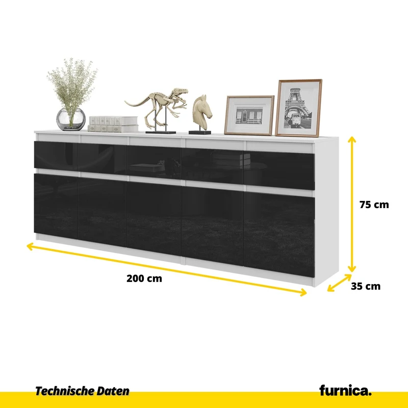 NOAH - Kommode mit 5 Schubladen und 5 Türen - Schlafzimmer Kommode Aufbewahrung Schrank Sideboard - Weiß Matt / Schwarz Glanz H75cm B200cm T35cm