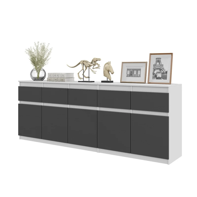 NOAH - Kommode mit 5 Schubladen und 5 Türen - Schlafzimmer Kommode Aufbewahrung Schrank Sideboard - Weiß Matt / Anthrazit H75cm B200cm T35cm
