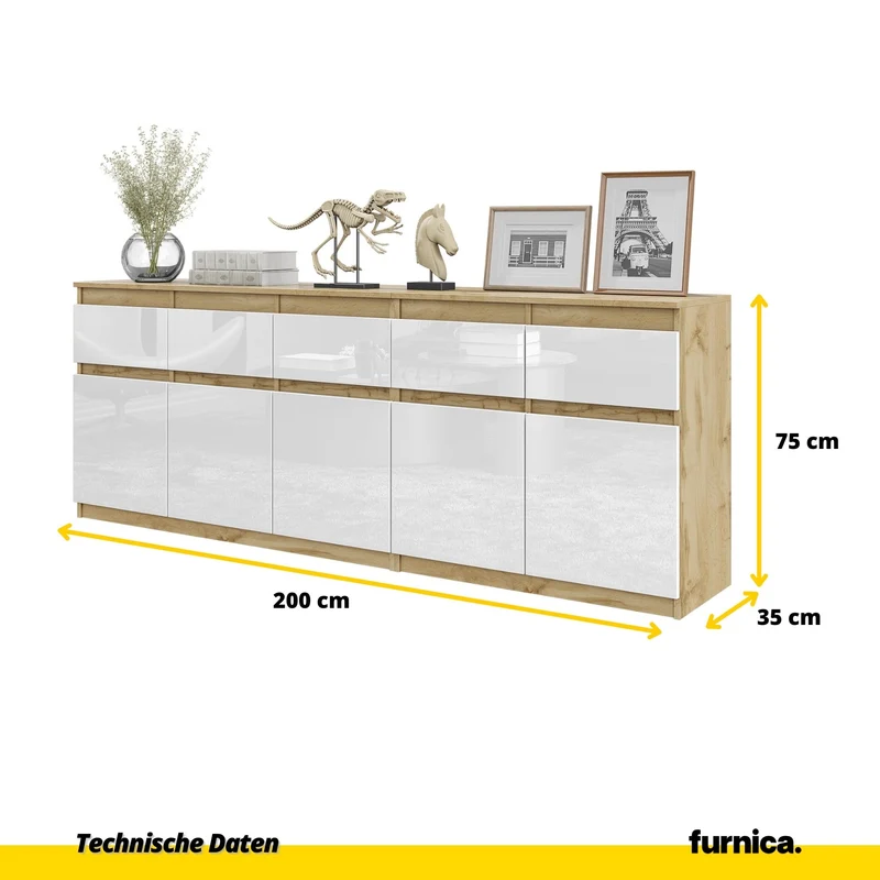 NOAH - Kommode mit 5 Schubladen und 5 Türen - Schlafzimmer Kommode Aufbewahrung Schrank Sideboard - Wotan Eiche / Weiß Glanz H75cm B200cm T35cm