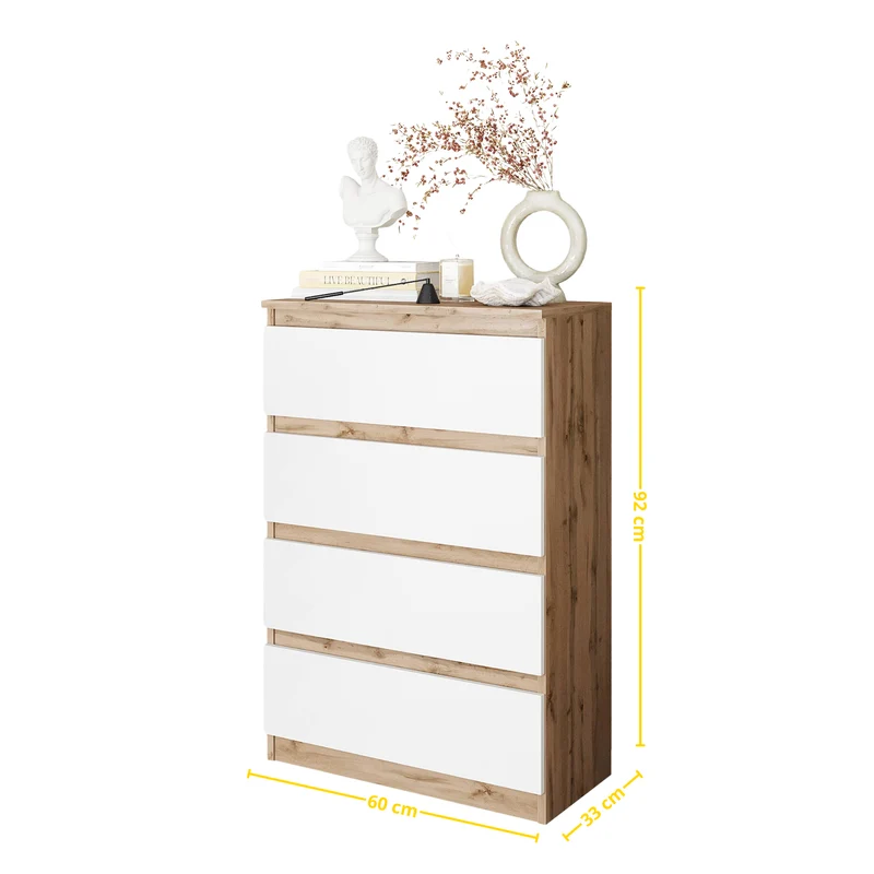 GABRIEL - Kommode / Sideboard mit 4 Schubladen - Wotan Eiche / Weiß Matt H92cm B60cm T33cm