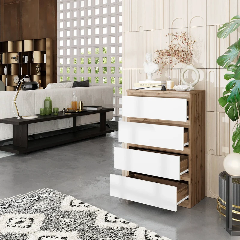 GABRIEL - Kommode / Sideboard mit 4 Schubladen - Wotan Eiche / Weiß Matt H92cm B60cm T33cm