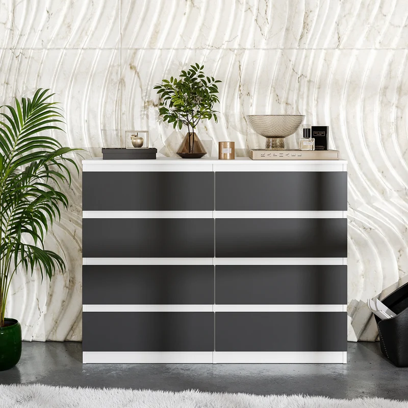 GABRIEL - Kommode / Sideboard mit 8 Schubladen - Weiß Matt / Anthrazit H92cm B120cm T33cm