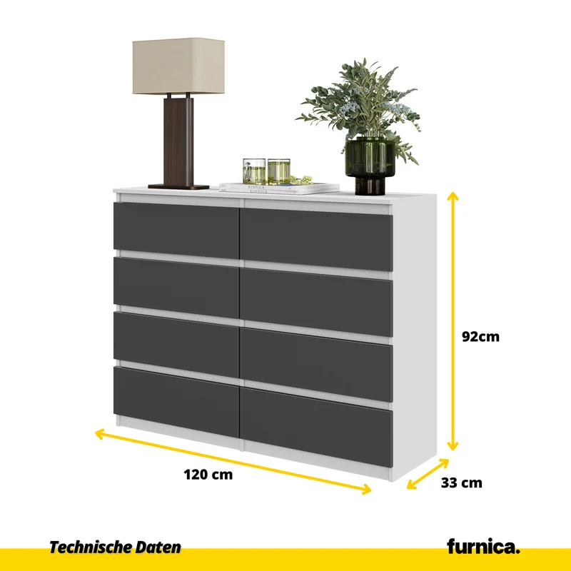 GABRIEL - Kommode / Sideboard mit 8 Schubladen - Weiß Matt / Anthrazit H92cm B120cm T33cm