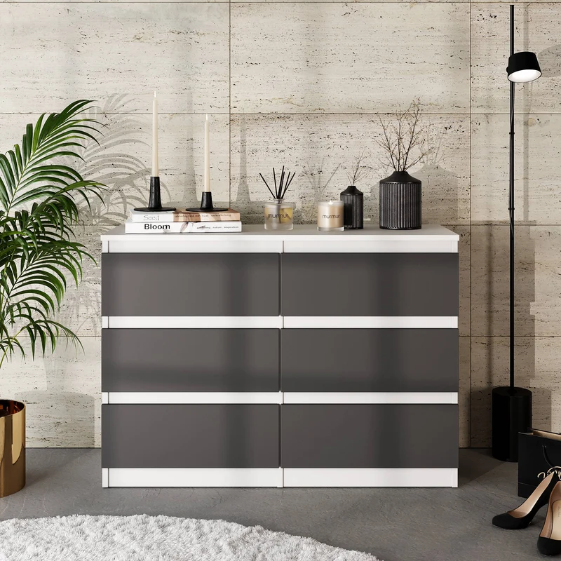GABRIEL - Kommode / Sideboard mit 6 Schubladen - Weiß Matt / Anthrazit H71cm B100cm TD33cm