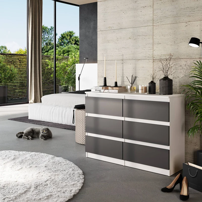 GABRIEL - Kommode / Sideboard mit 6 Schubladen - Weiß Matt / Anthrazit H71cm B100cm TD33cm
