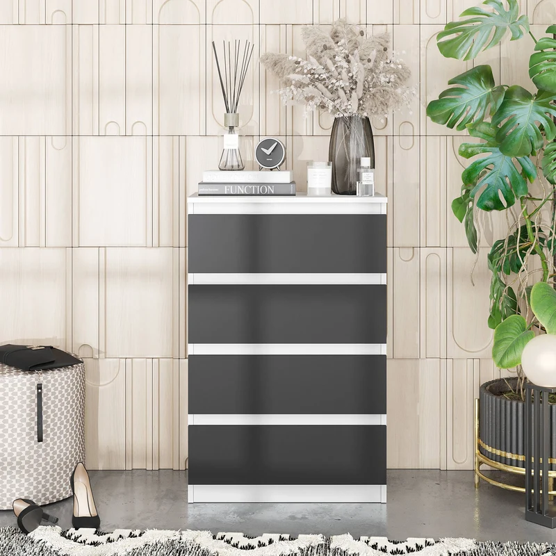 GABRIEL - Kommode / Sideboard mit 4 Schubladen - Weiß Matt / Anthrazit H92cm B60cm T33cm