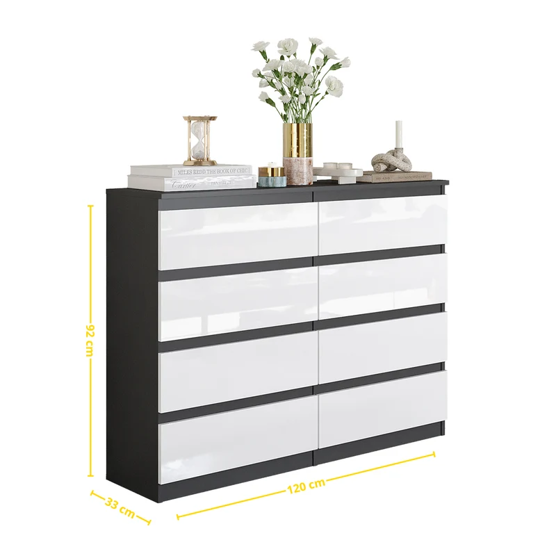 GABRIEL - Kommode / Sideboard mit 8 Schubladen - Anthrazit / Weiß Gloss H92cm B120cm T33cm