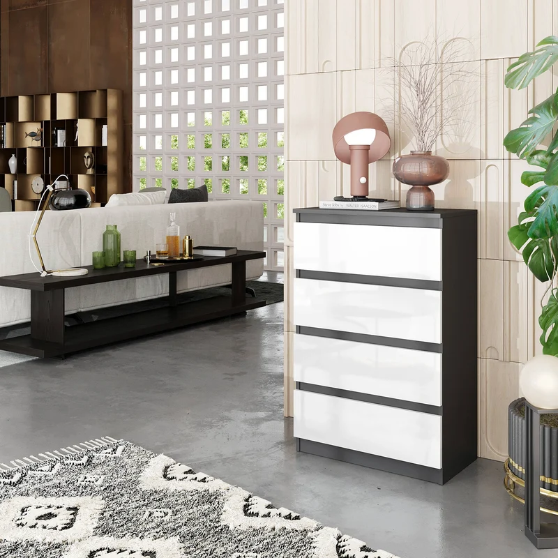 GABRIEL - Kommode / Sideboard mit 4 Schubladen - Anthrazit / Weiß Gloss H92cm B60cm T33cm