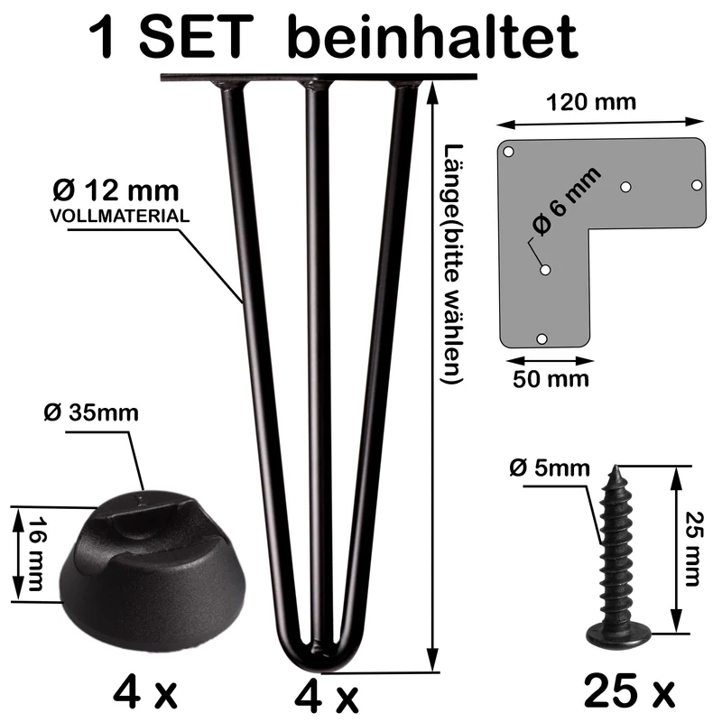 Haarnadelbeine 4x CHROM glänzend Tischbeine Stahl 2/3 Streben Ø 12 mm