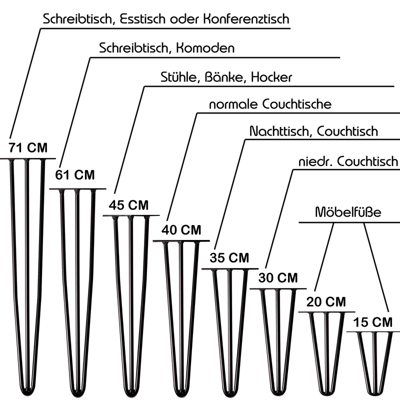 Haarnadelbeine 4x Tischbeine matt Schwarz mit 2/3 Streben Ø 12 mm