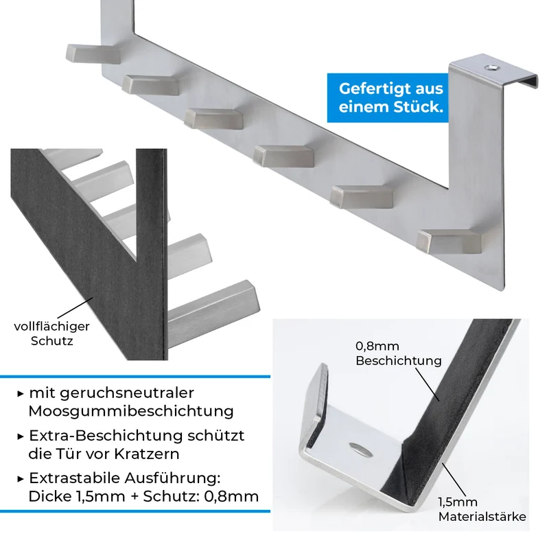 Türhaken Garderobenleiste Edelstahl zum Einhängen 6 Kleiderhaken