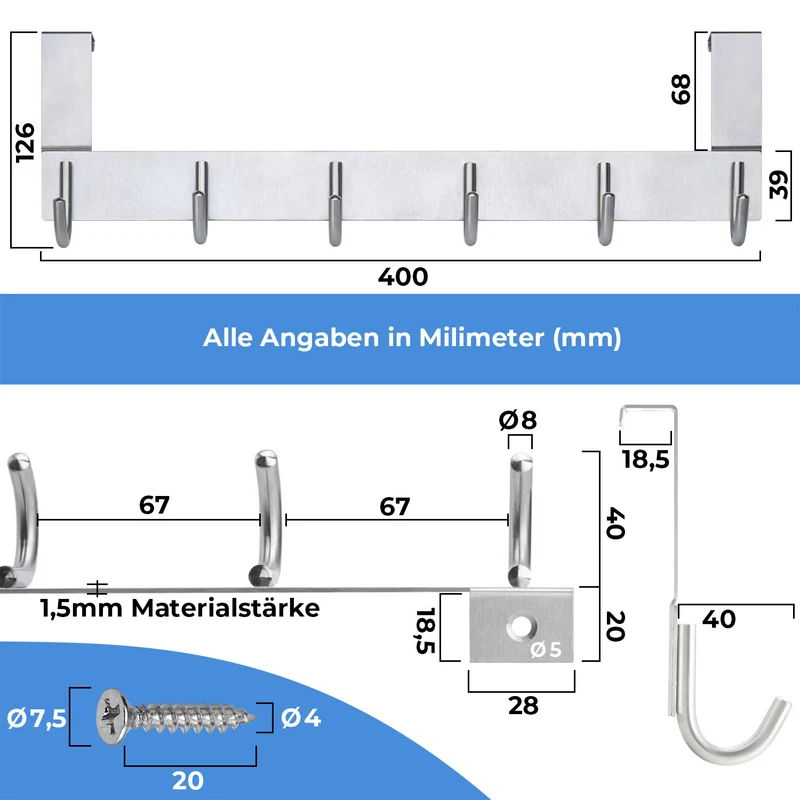 Türgarderobe zum Einhängen Edelstahl Tür Hängehaken 6 & 8 Haken