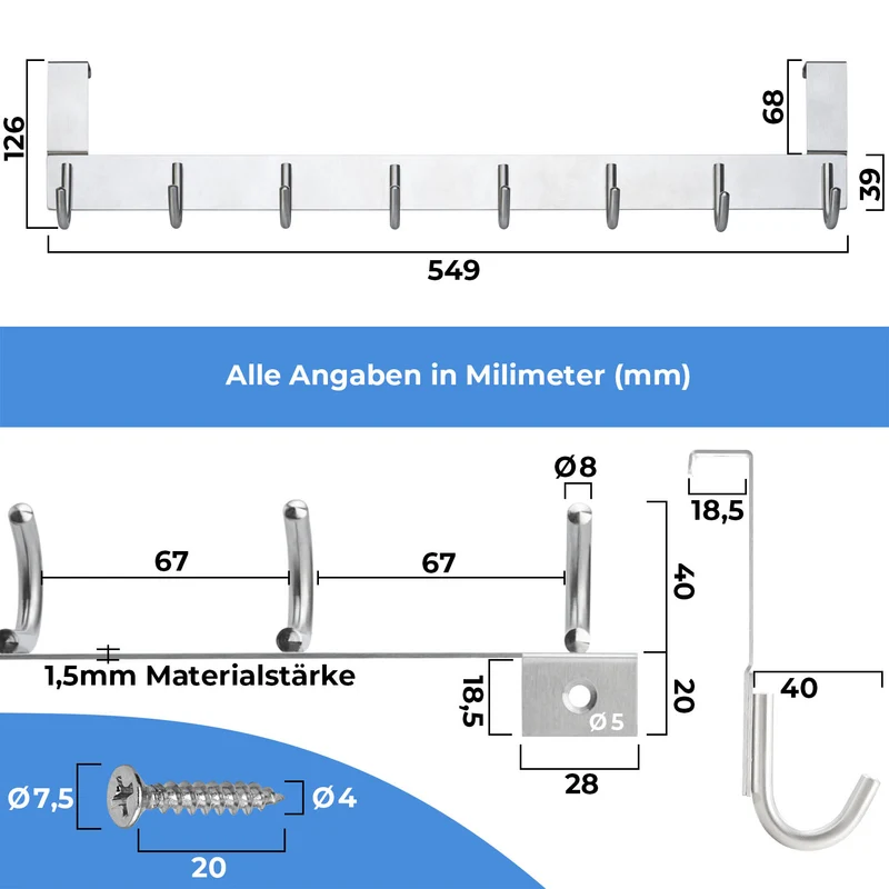Türgarderobe zum Einhängen Edelstahl Tür Hängehaken 6 & 8 Haken
