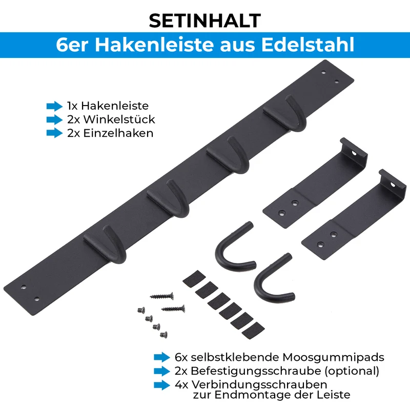 Hakenleiste Garderobenhaken Schwarz matt Edelstahl 6 & 8 Haken