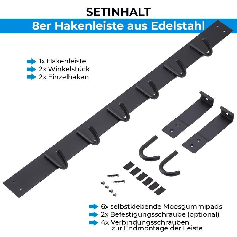 Hakenleiste Garderobenhaken Schwarz matt Edelstahl 6 & 8 Haken