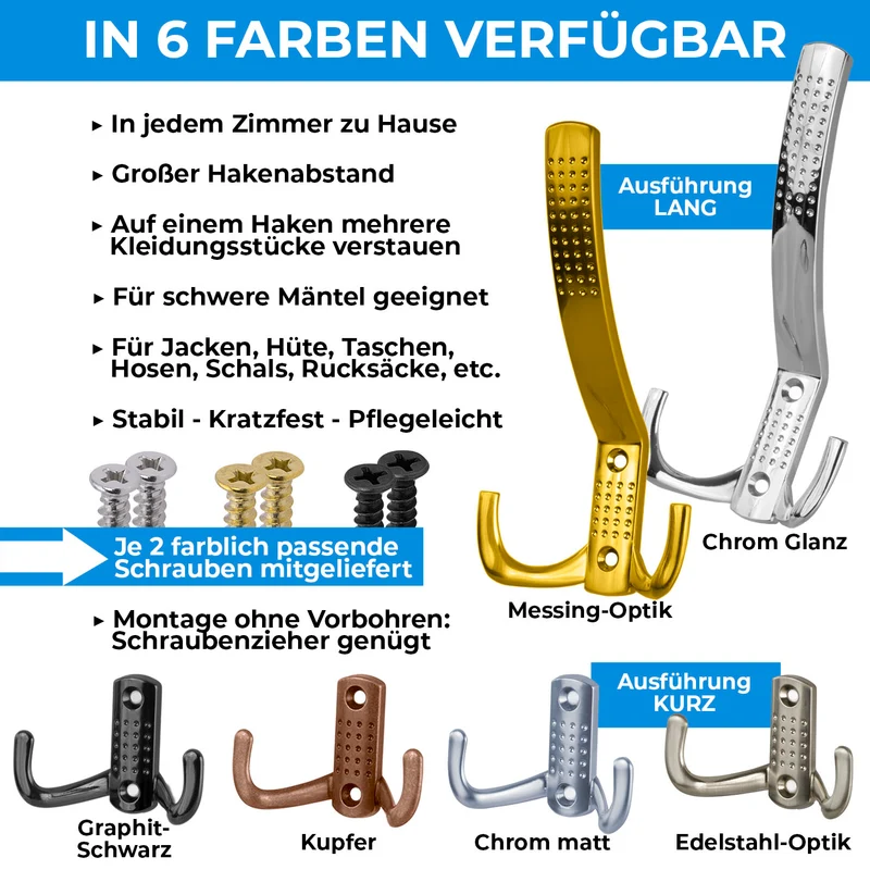 Garderobenhaken modern lang in Silber, Schwarz, Gold Optik, Kupfer Optik