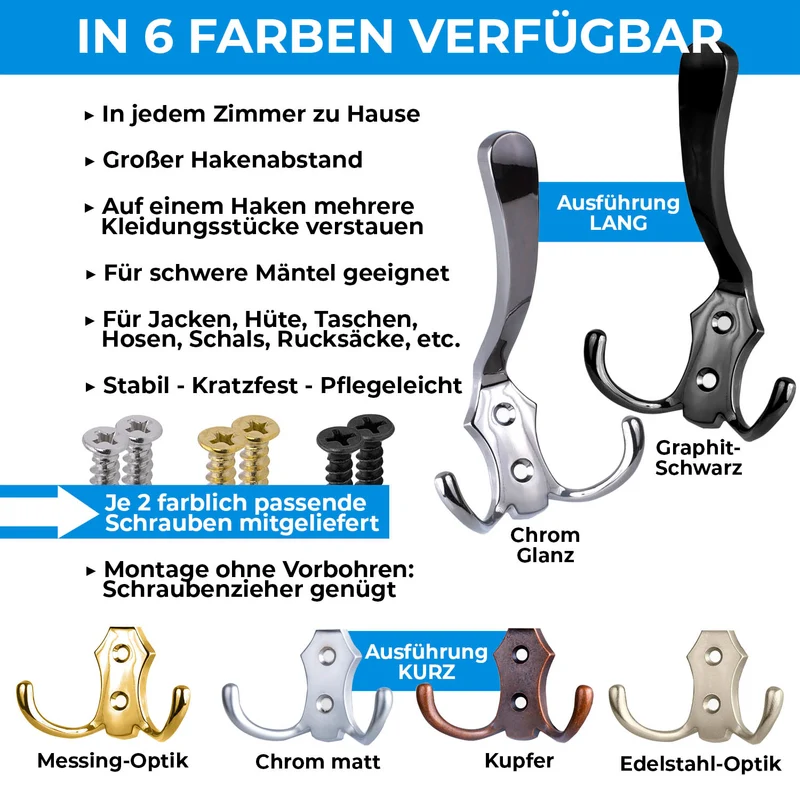 Garderobenhaken vintage kurz in Silber, Schwarz, Gold Optik, Kupfer Optik