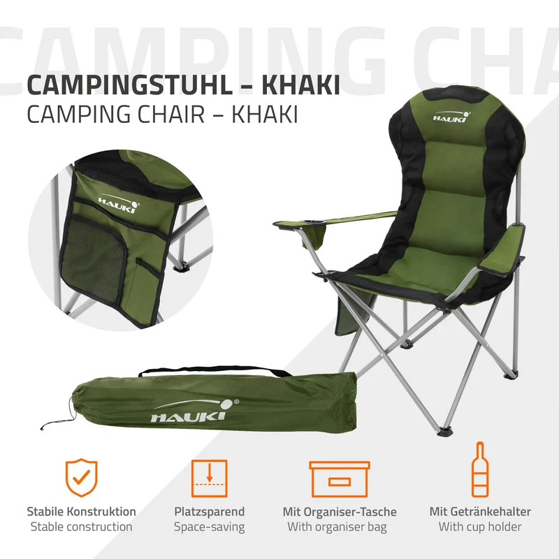 2x Campingstuhl faltbar bis 150 kg Khaki mit Getränkehalterung inkl. Tragetasche HAUKI